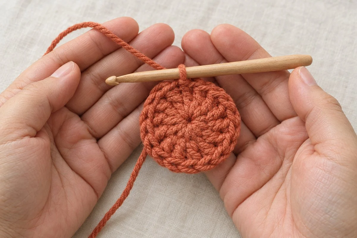 A small terracotta crochet circle worked in the round with a wooden hook still in the last loop, cradled in two hands