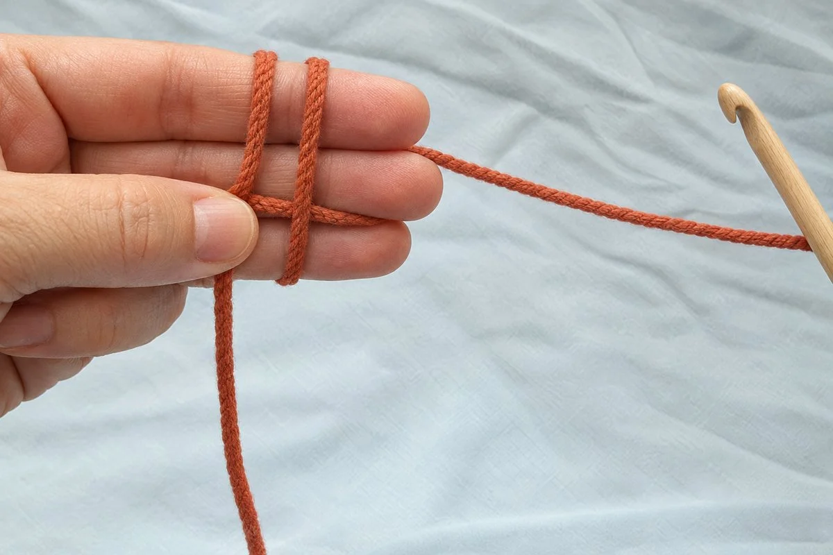 Terracotta yarn wrapped twice around the index and middle fingers, with the thumb pinching the crossing point