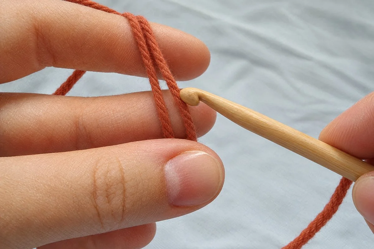 Wooden hook sliding under the first strand of yarn wrapped around two fingers