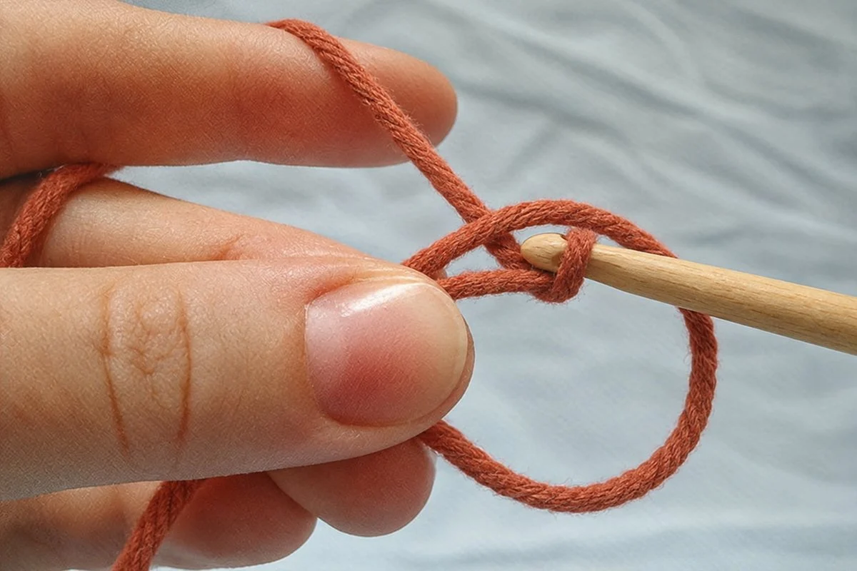 Hook drawing the second strand under the first strand so one loop sits on the hook
