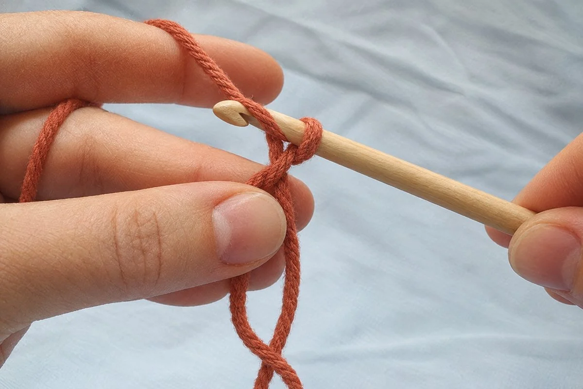 Working yarn wrapped over the hook and pulled through to make a locking chain stitch while the ring stays on the fingers
