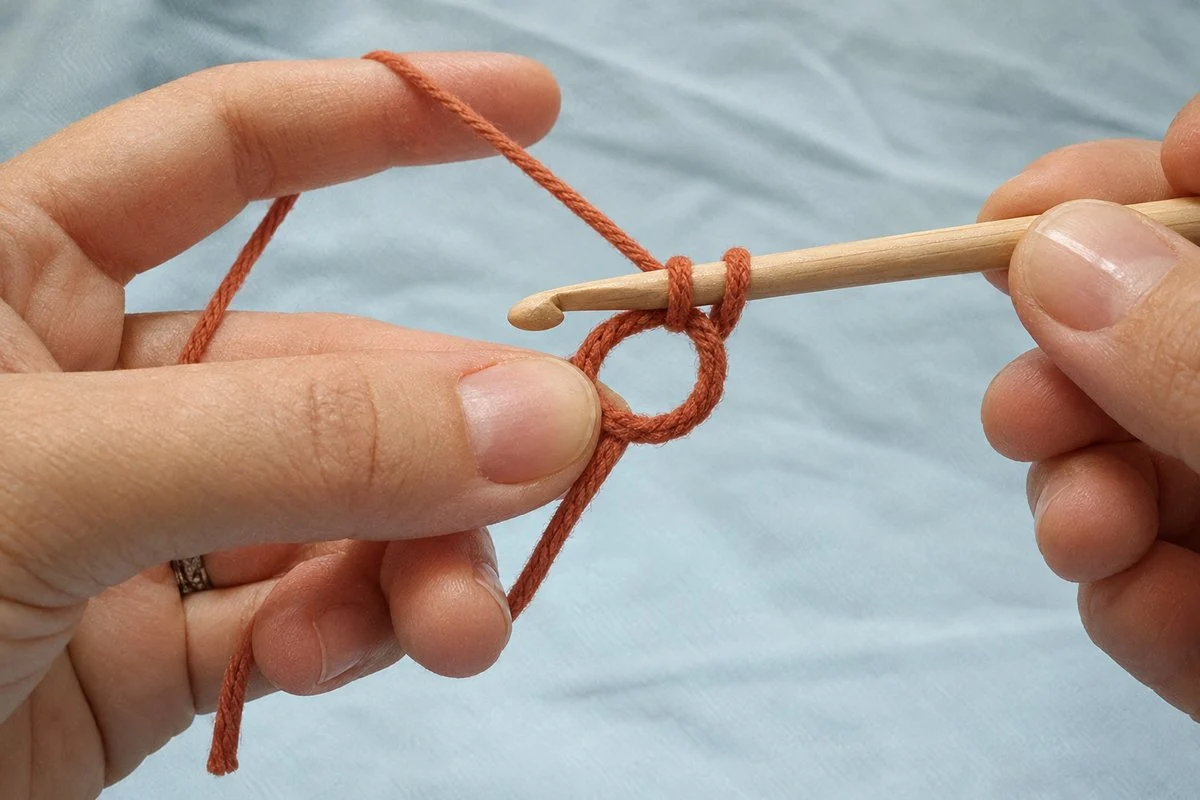 Ring held between thumb and finger with the hook inserted into the center to begin the first single crochet