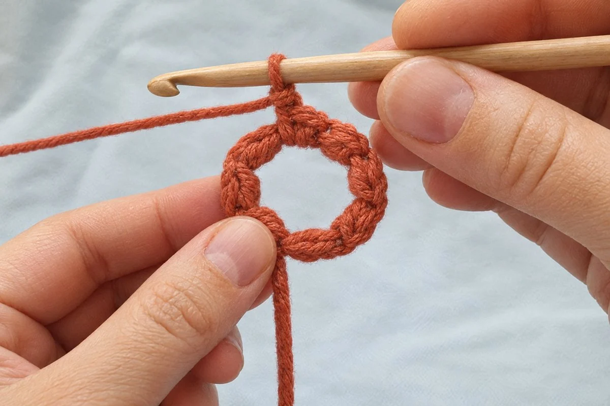 Six terracotta single crochet stitches worked around an open yarn ring held between finger and thumb
