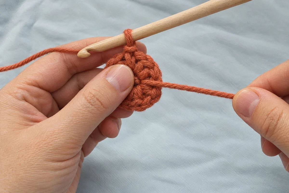 Right hand pulling the yarn tail while the left hand holds the stitches as the center hole closes tight