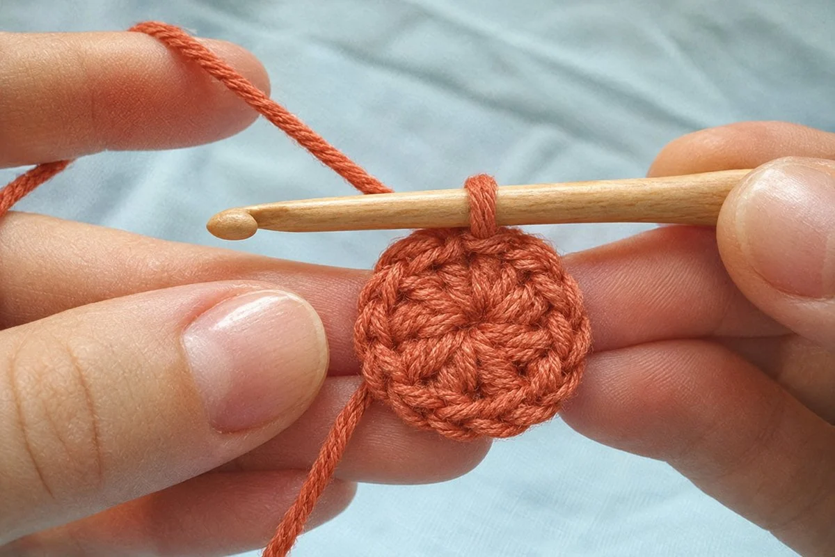 Finished terracotta crochet circle with a tightly closed center and the hook resting in the last loop