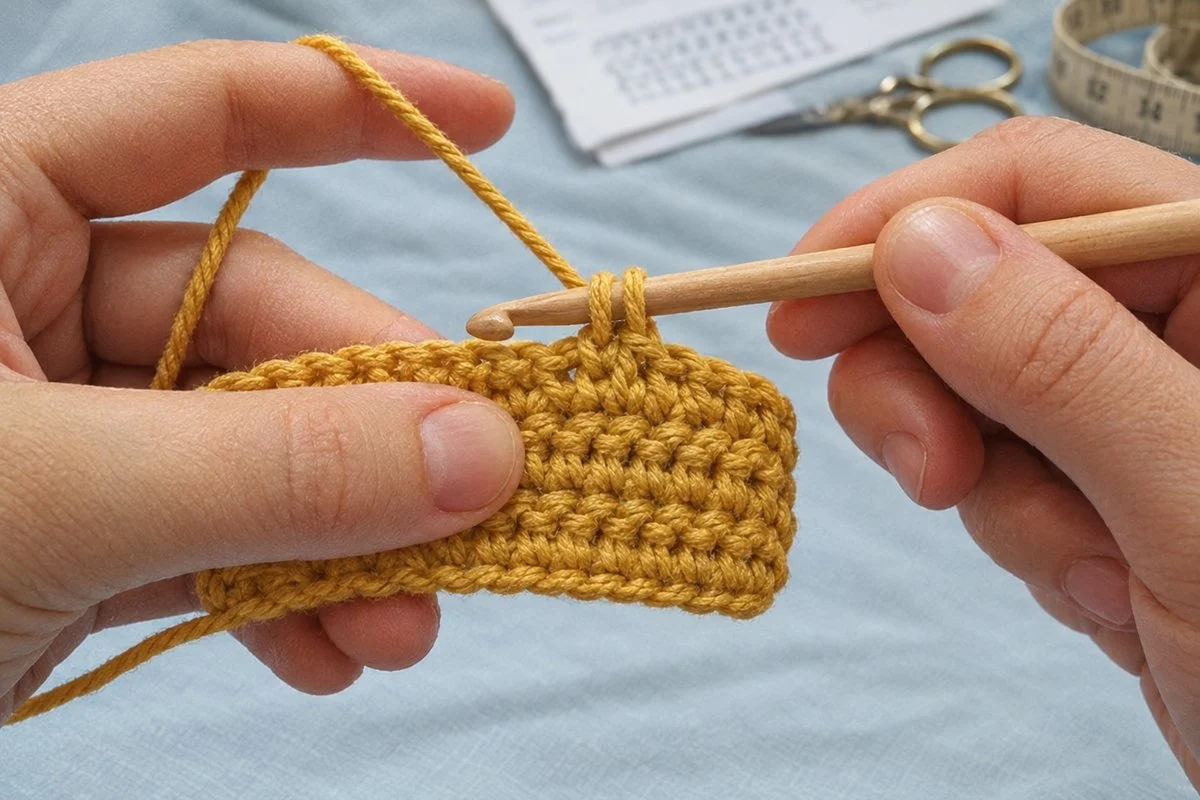Hands holding a mustard crochet swatch on a wooden hook beside a folded paper pattern, scissors and a tape measure