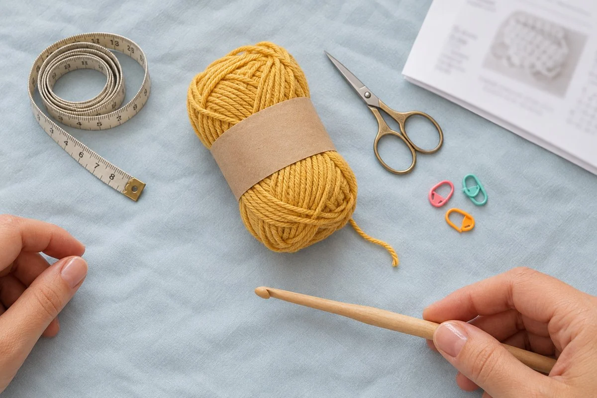 Flat lay of mustard cotton yarn, a wooden crochet hook, tape measure, scissors, stitch markers and a folded pattern