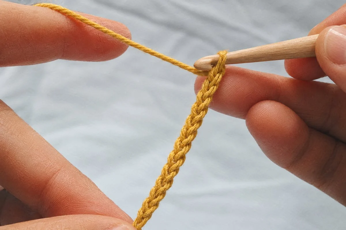 Left hand holding a foundation chain of mustard yarn while the right hand holds a wooden hook in the last chain
