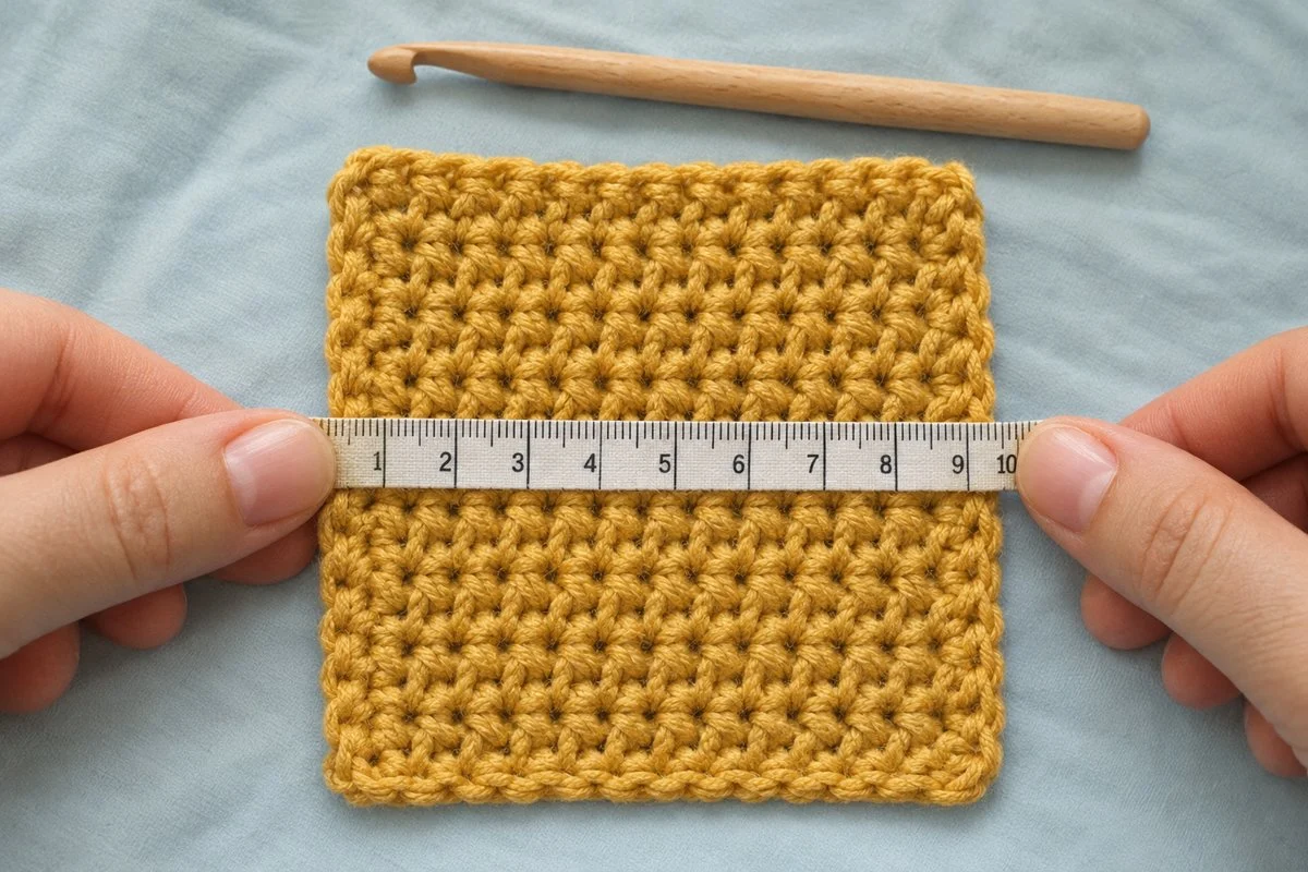 Two hands holding a mustard crochet gauge swatch flat with a cloth tape measure laid across the stitches