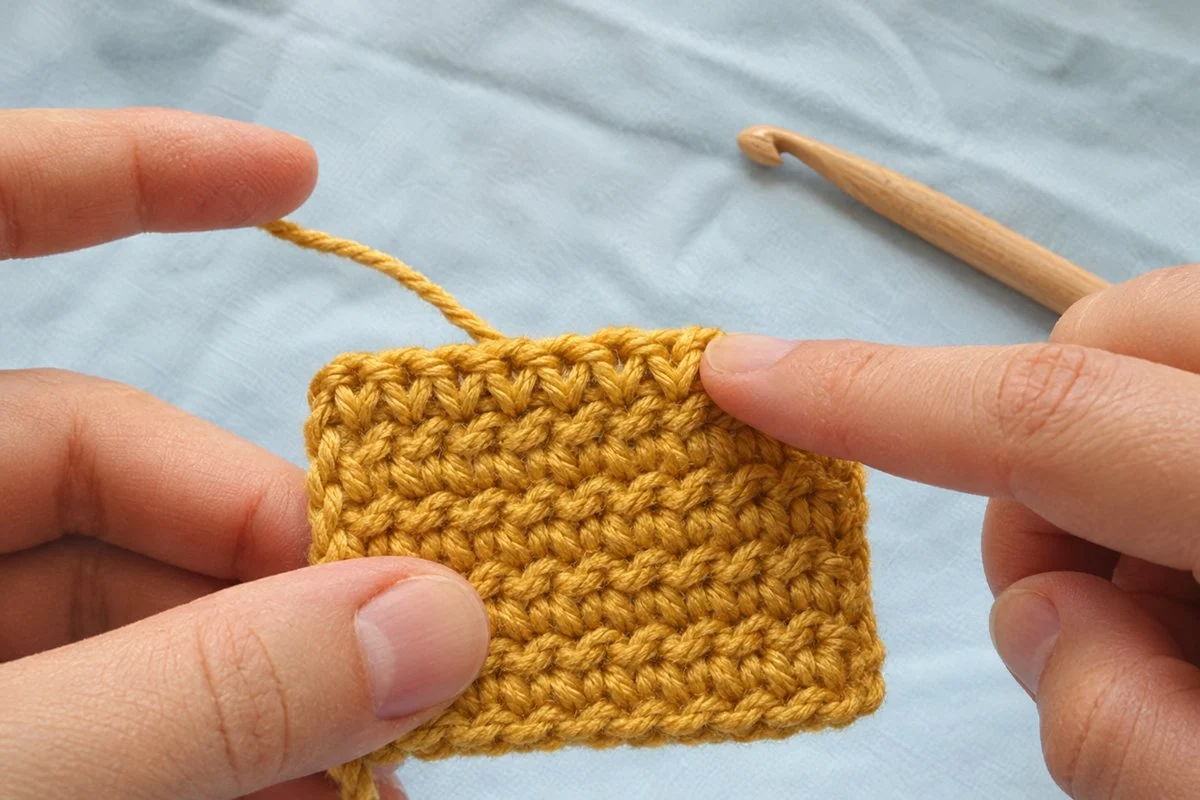 Index finger pointing at a V-shaped stitch while counting along the top edge of a mustard crochet swatch