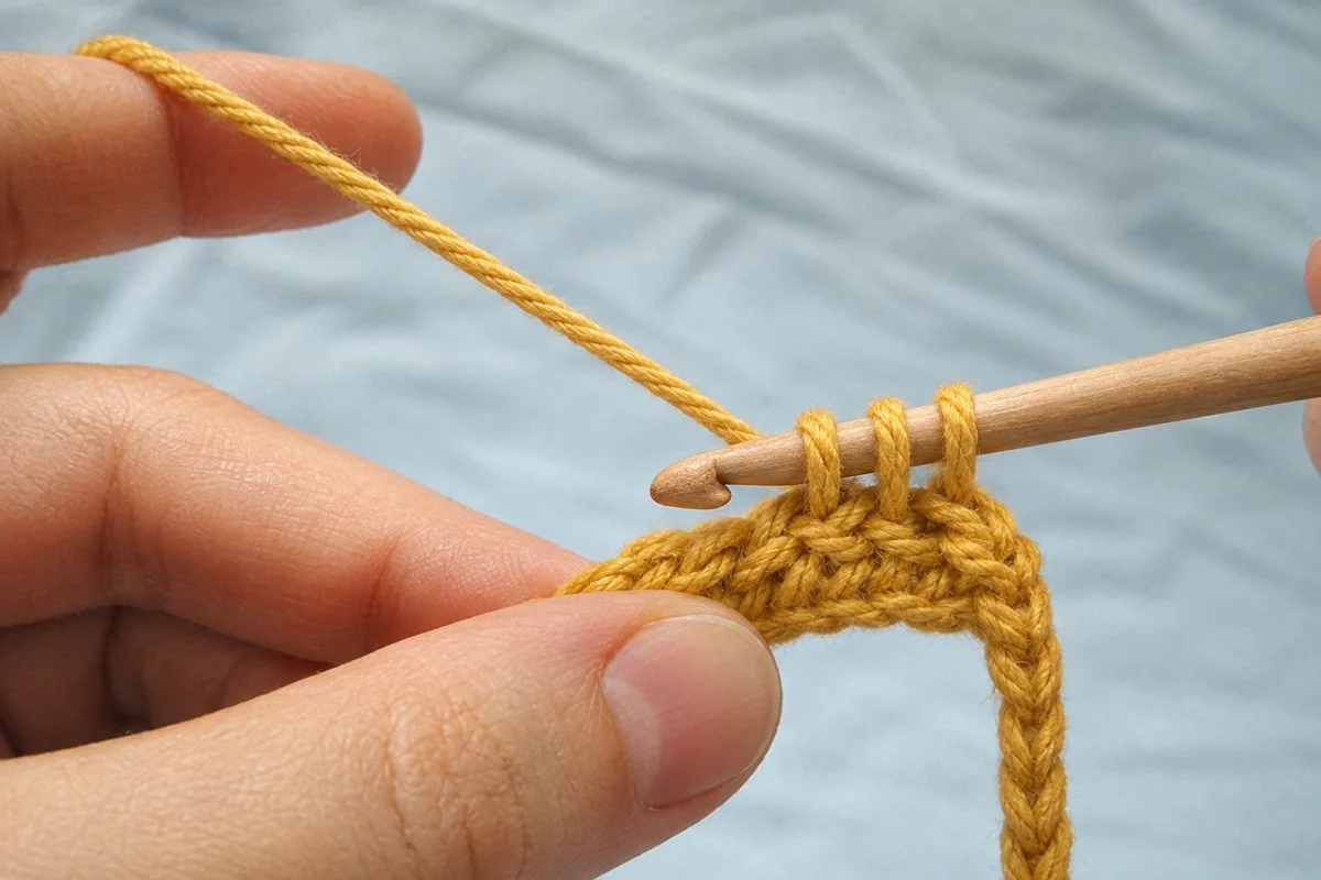Yarn wrapped over the hook with three loops on the hook while working a double crochet in mustard yarn