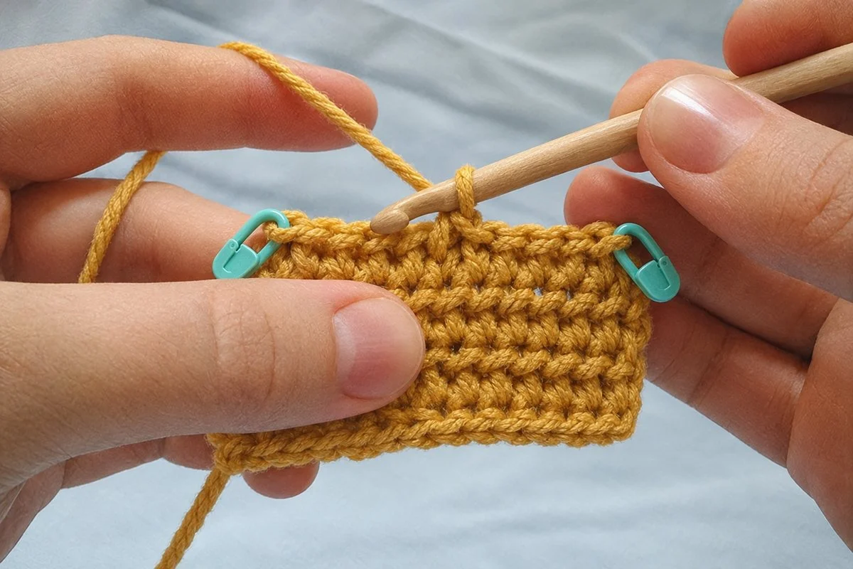 Mustard crochet swatch with locking stitch markers clipped in the first and last stitches of the row