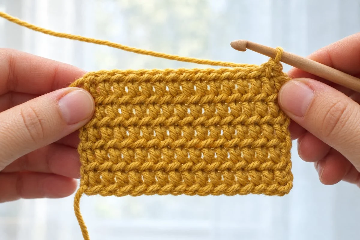 Two hands stretching a finished mustard crochet swatch toward the window light to check the rows